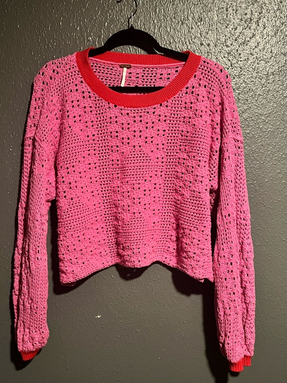 Free People Oversized Pink Crochet Crop Sweater with Red Trim
